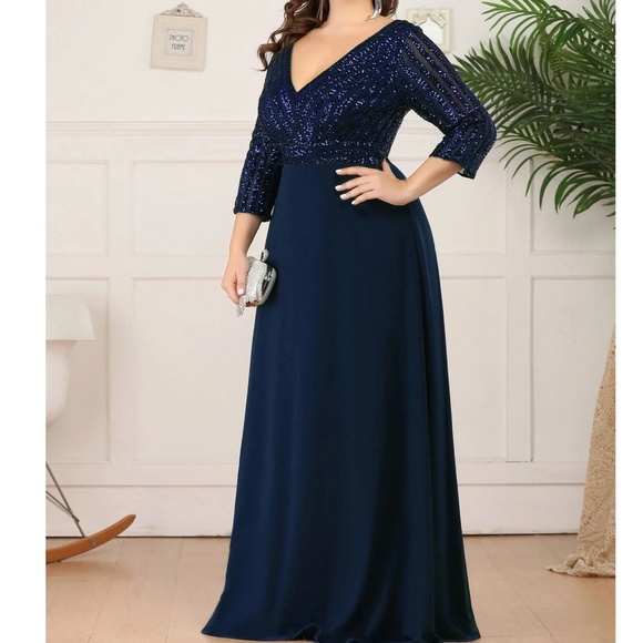 Plus sequin 3/4 sleeve Formal Prom Evening Party Wedding Dress - Picture 5 of 9